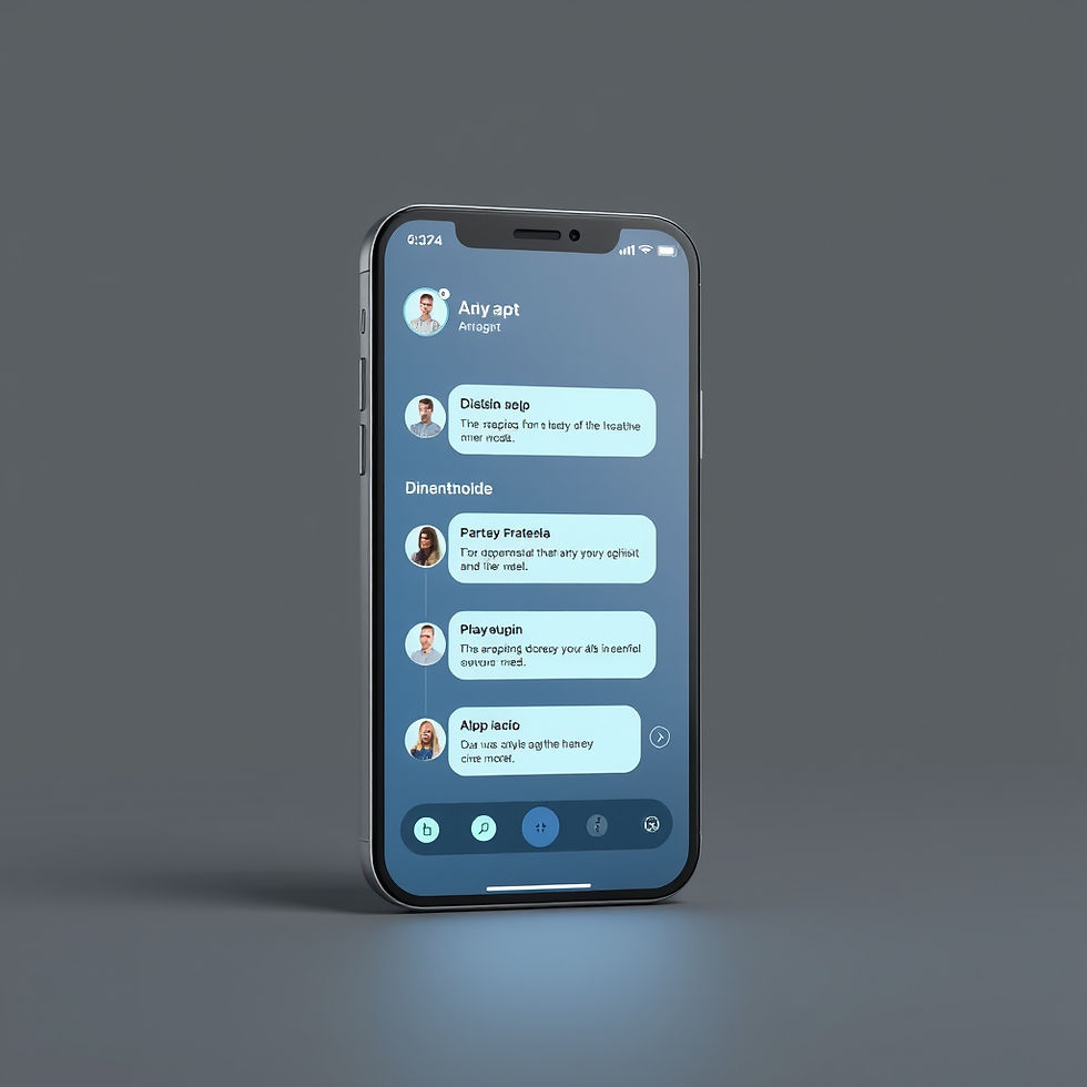 Smartphone displaying a chat app with blue background, multiple user avatars, and illegible text. The phone is on a plain gray surface.