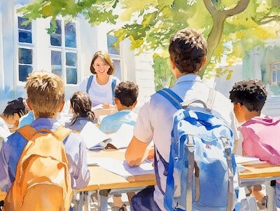 A woman teacher speaking with a group of her students outside.