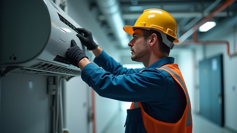 Worker in a hard hat and orange vest adjusts a wall-mounted air conditioning unit in a well-lit industrial hallway.