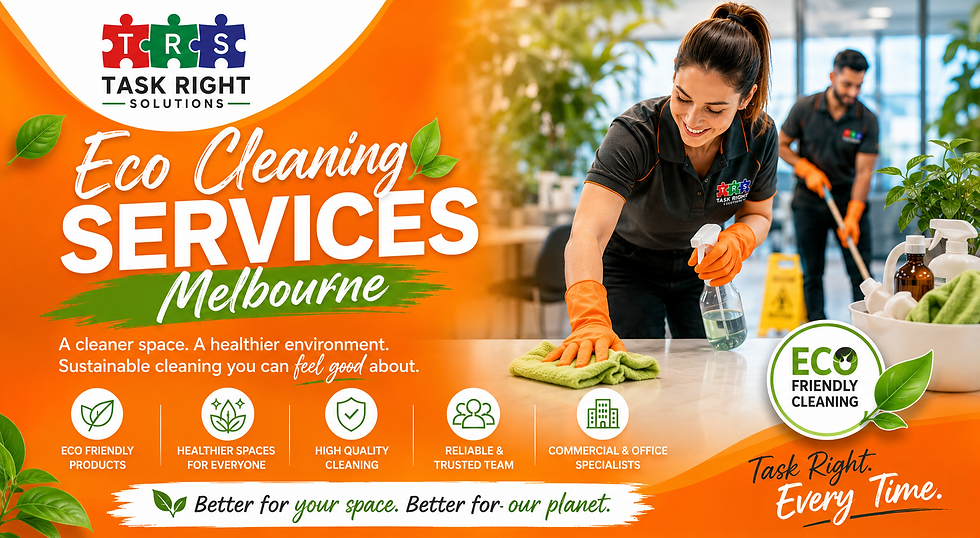 Eco cleaning services ad with smiling cleaner wiping a desk and colleague mopping; Task Right Solutions, Melbourne, eco friendly cleaning.