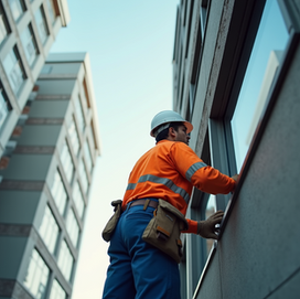 onstruction worker in an orange vest and hard hat inspects a window on a building. High-rise surroundings and clear sky backdrop.