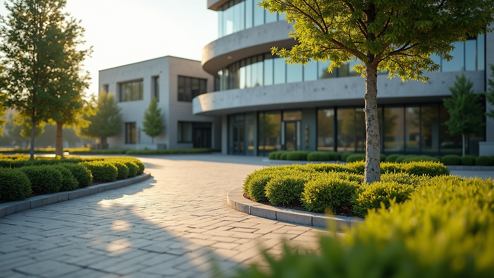Eye-level view of a commercial building exterior with well-maintained landscaping