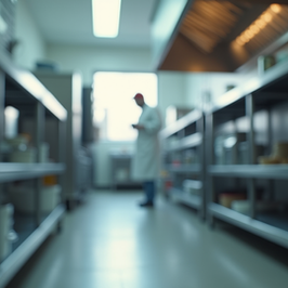 Blurred view of a commercial kitchen with a person in a white coat and cap standing in the background, creating a focused mood.