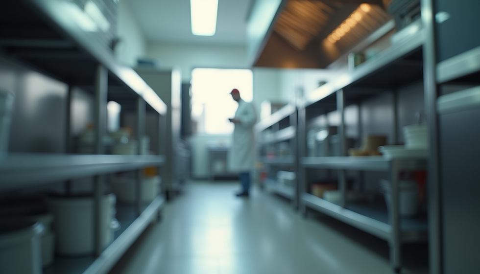 Blurred view of a commercial kitchen with a person in a white coat and cap standing in the background, creating a focused mood.
