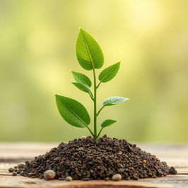 Young green plant sprouting from rich soil on wooden surface, set against a soft, blurred green background, conveying growth and freshness.