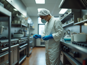 Pest control technician inspecting a commercial kitchen