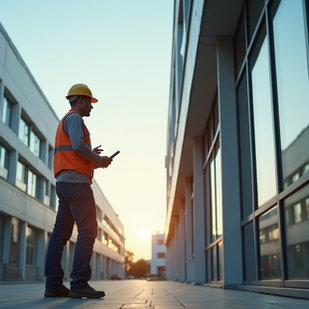 Professional technician inspecting building exterior