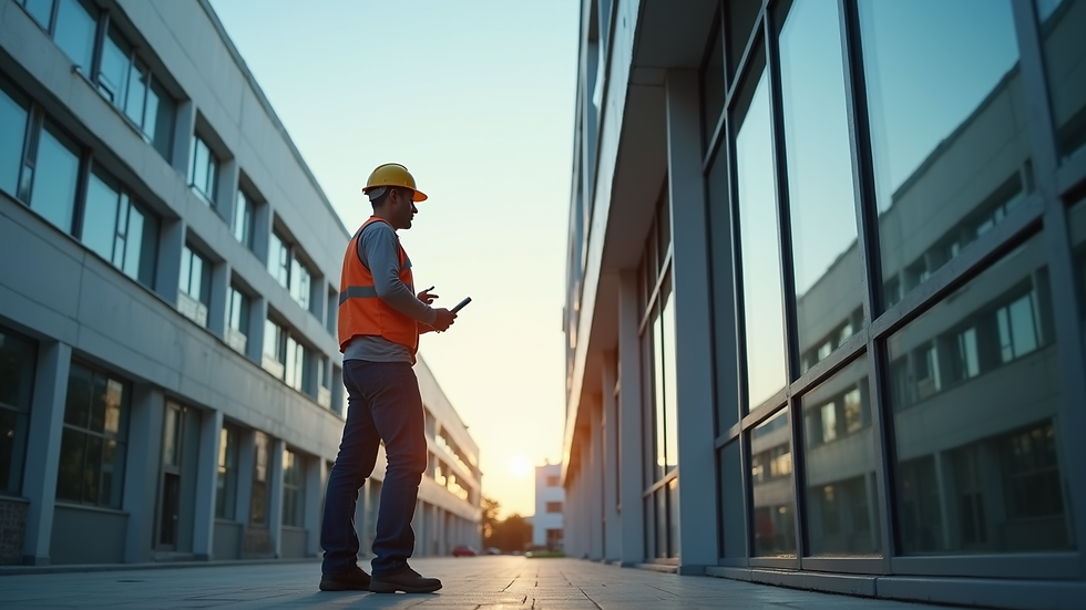 Eye-level view of a maintenance technician inspecting a commercial building exterior