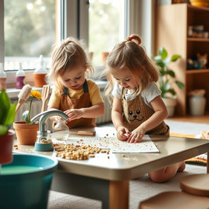 Two toddlers in aprons play with colorful beads on a low table, surrounded by potted plants in a sunlit room, creating a joyful scene.