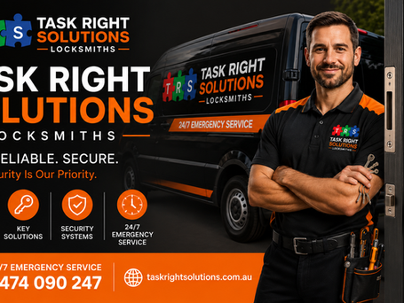 Locksmith ad with smiling technician, branded van, keypad door lock, and bold text Task Right Solutions Locksmiths.
