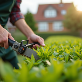 Gardener trims vibrant green hedge with pruning shears. Wearing plaid shirt and green apron. Suburban houses and sunlight in background. TRS