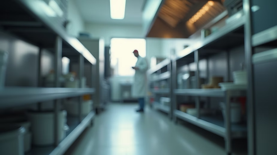 Blurred view of a commercial kitchen with a person in a white coat and cap standing in the background, creating a focused mood.