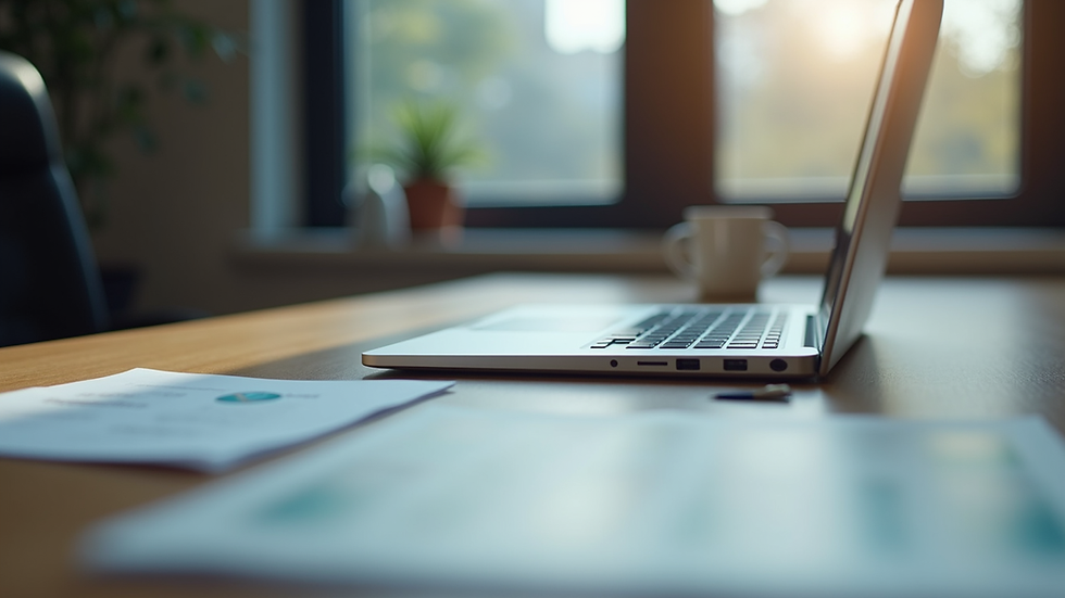 Eye-level view of a modern office desk with a laptop and notes