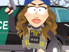 Cartoon Kristi Noem as dress-up ICE Barbie