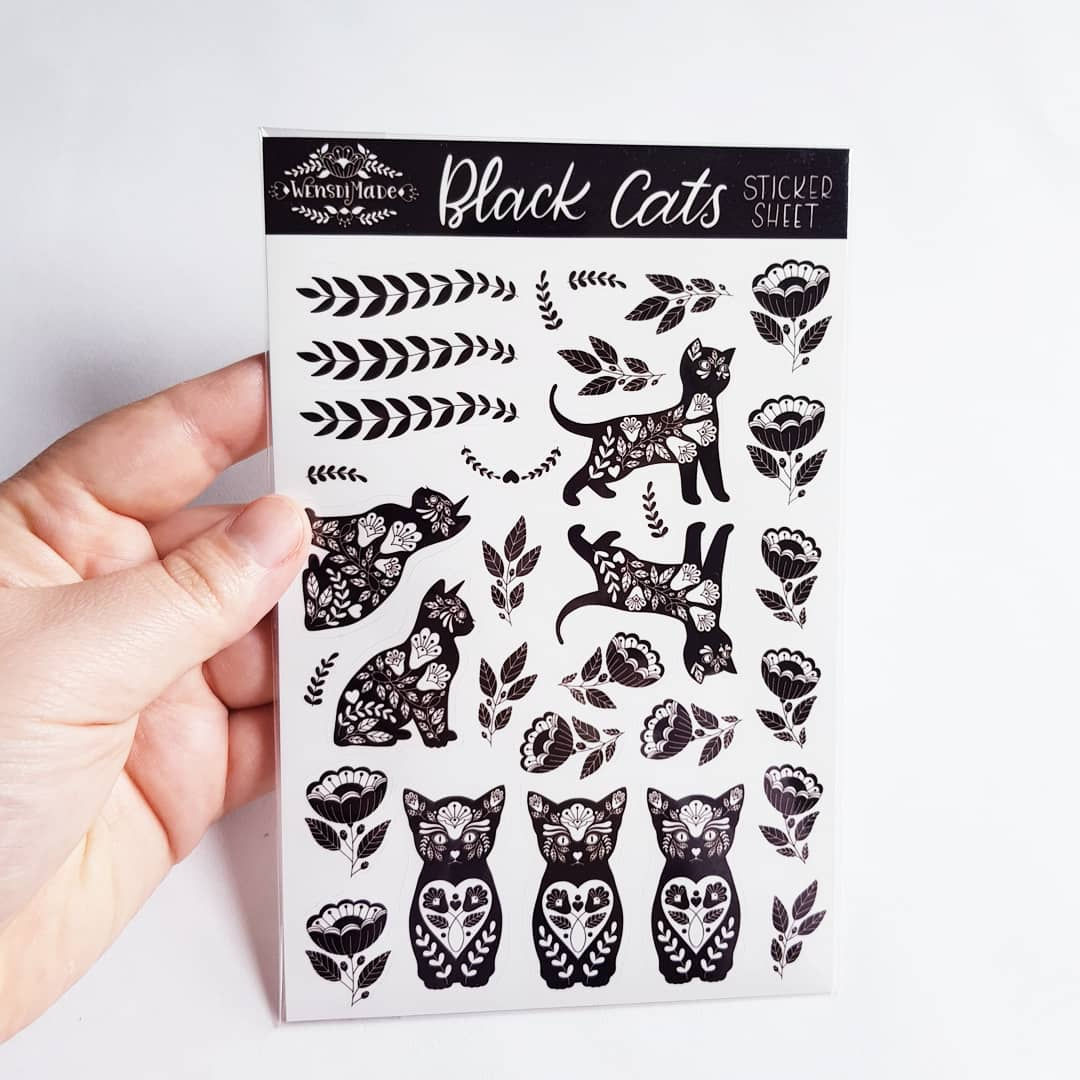 Black Cat Folk Art Gloss Sticker Sheet