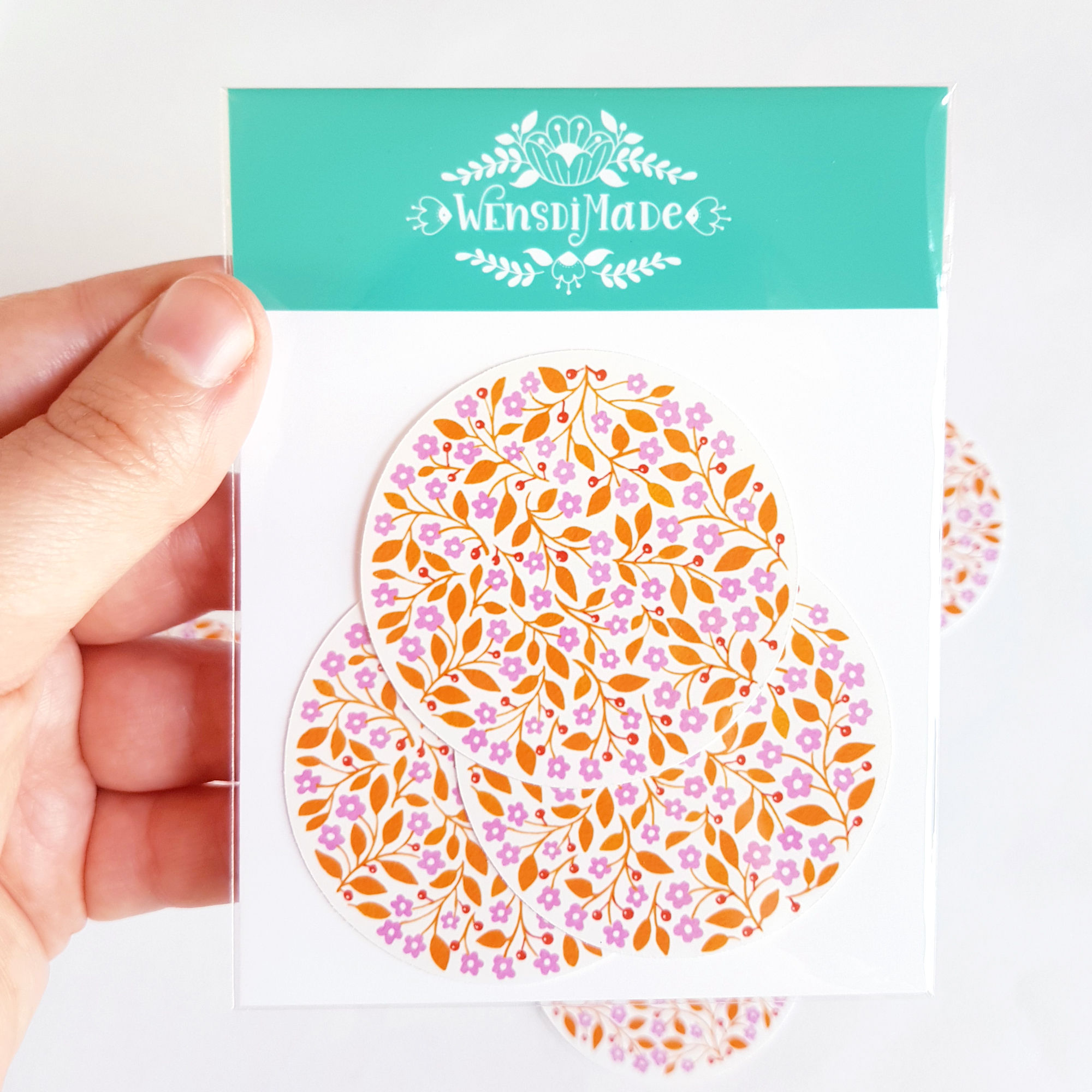 Pack of Three Stickers - Tiny Pink Flowers Yellow Leaves