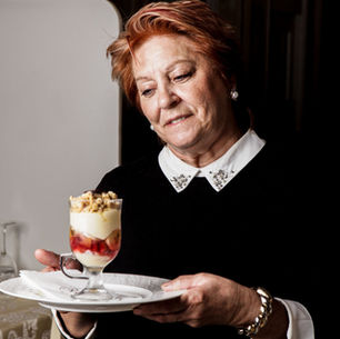 Our mother Stella, with her signature Stella's trifle.