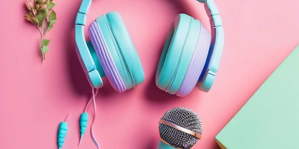 on a pink background there is a set of headphones that lay in the centre of the image. They are teal coloured with purple accents. Additionally, there is the head of a grey microphone at the bottom of the image.