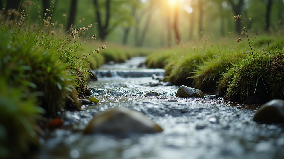Close-up view of a serene nature scene with a flowing stream
