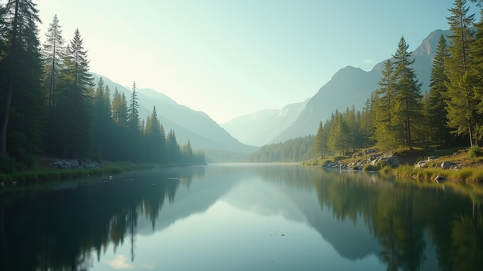 Close-up view of a serene nature scene with a calm lake and surrounding trees