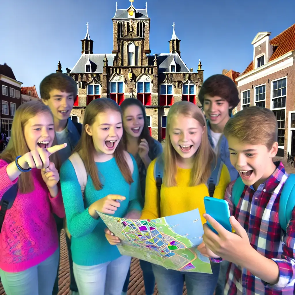 Een groep van 14-jarige leerlingen staat in Delft met een kaart en een smartphone. Ze overleggen druk en wijzen naar de kaart