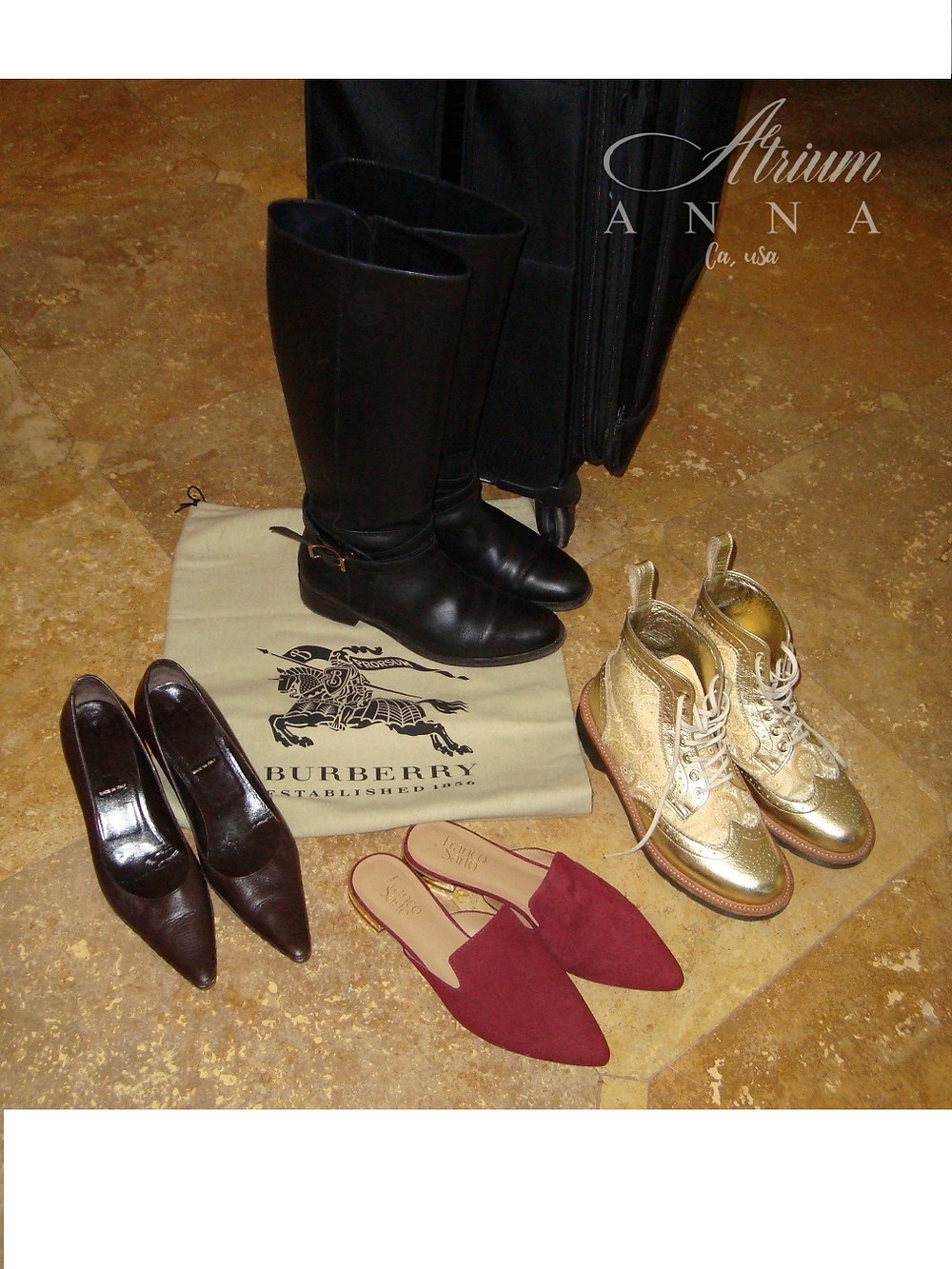 Burberry riding boots, Fendi kitten heels, Doc Martens ankle boots, and Franco Sarto slides