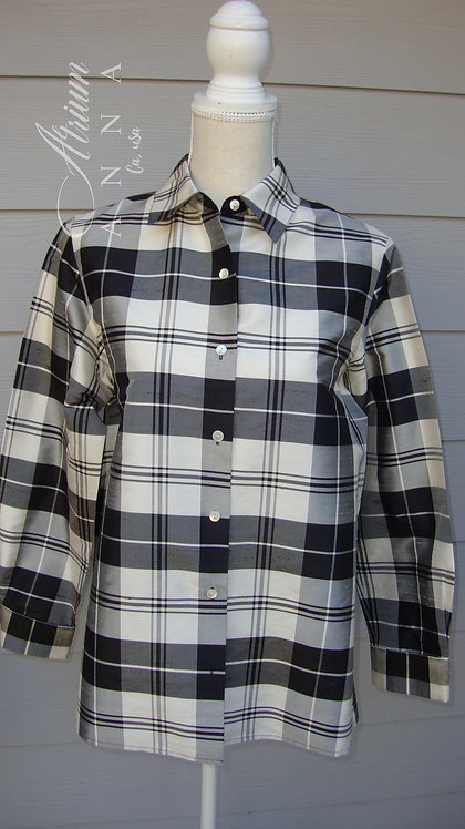80s Talbots Petites Black and White Checkered 100%Silk 3/4 Sleeves Shirt