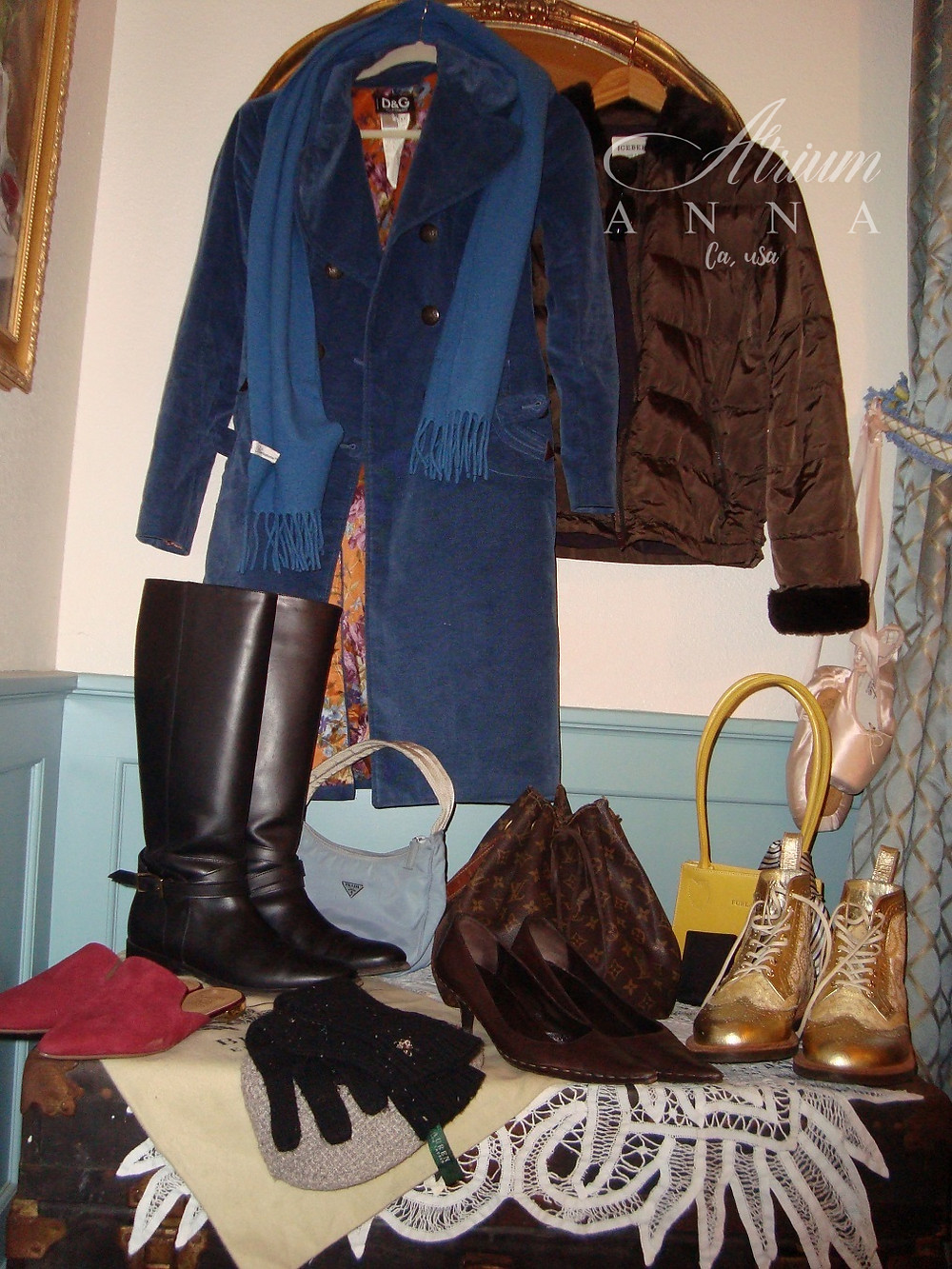 D&G coat, Iceberg down jacket, Prada small purse, Furla clutch purse, LV bucket bag, Blumarine scarfs