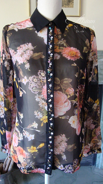 NY Collection Black Floral Print Sheer Button-Down Shirt with Bead Stones