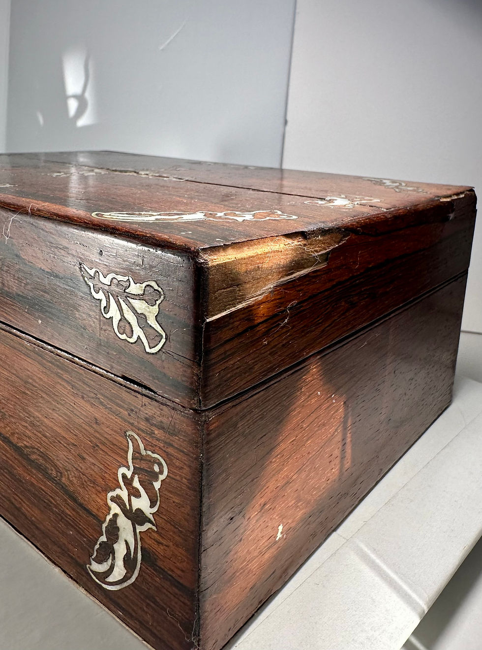 Thumbnail: Antique Victorian English Mother-of-Pearl inlaid Rosewood Box.