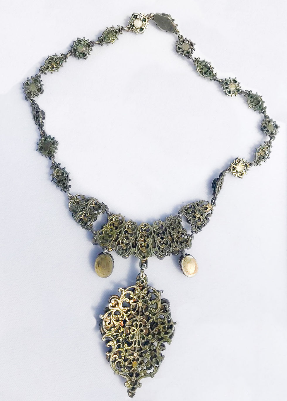 Thumbnail: Victorian English Bib Necklace Garnets with Pearl Accents, circa 1870