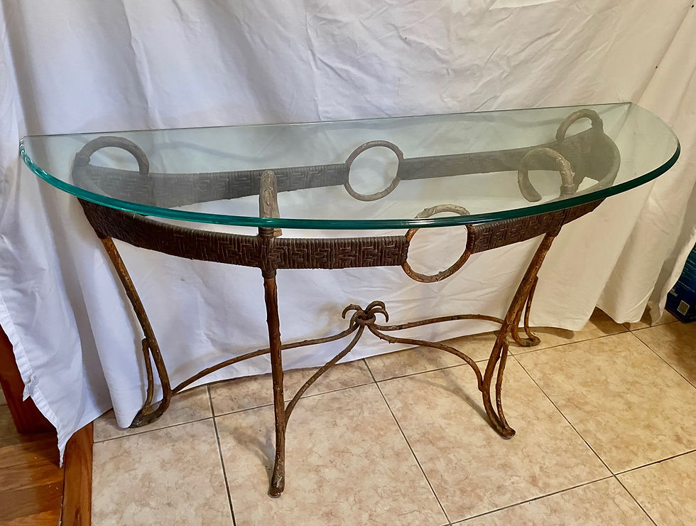 Thumbnail: Hollywood Regency Style Faux Bamboo Iron Rattan Glass Demi Lune Console Table.