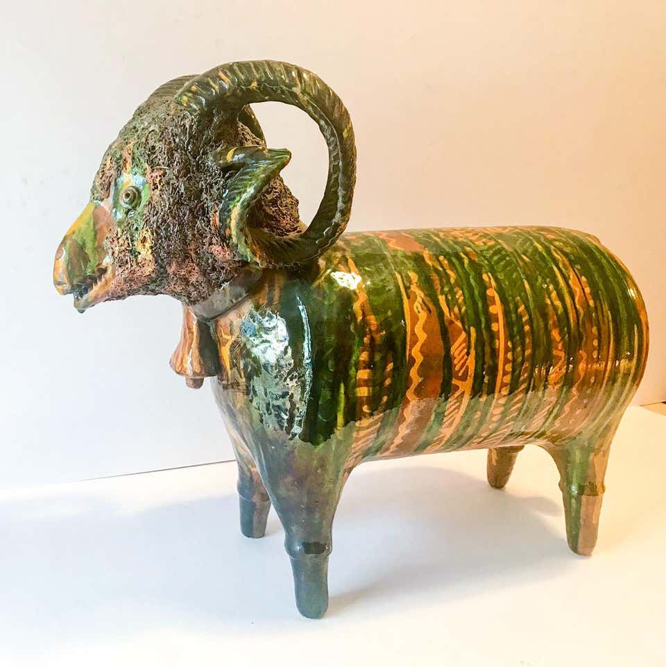 Thumbnail: Large Redware Standing Ram Figure with Spaghetti Wool