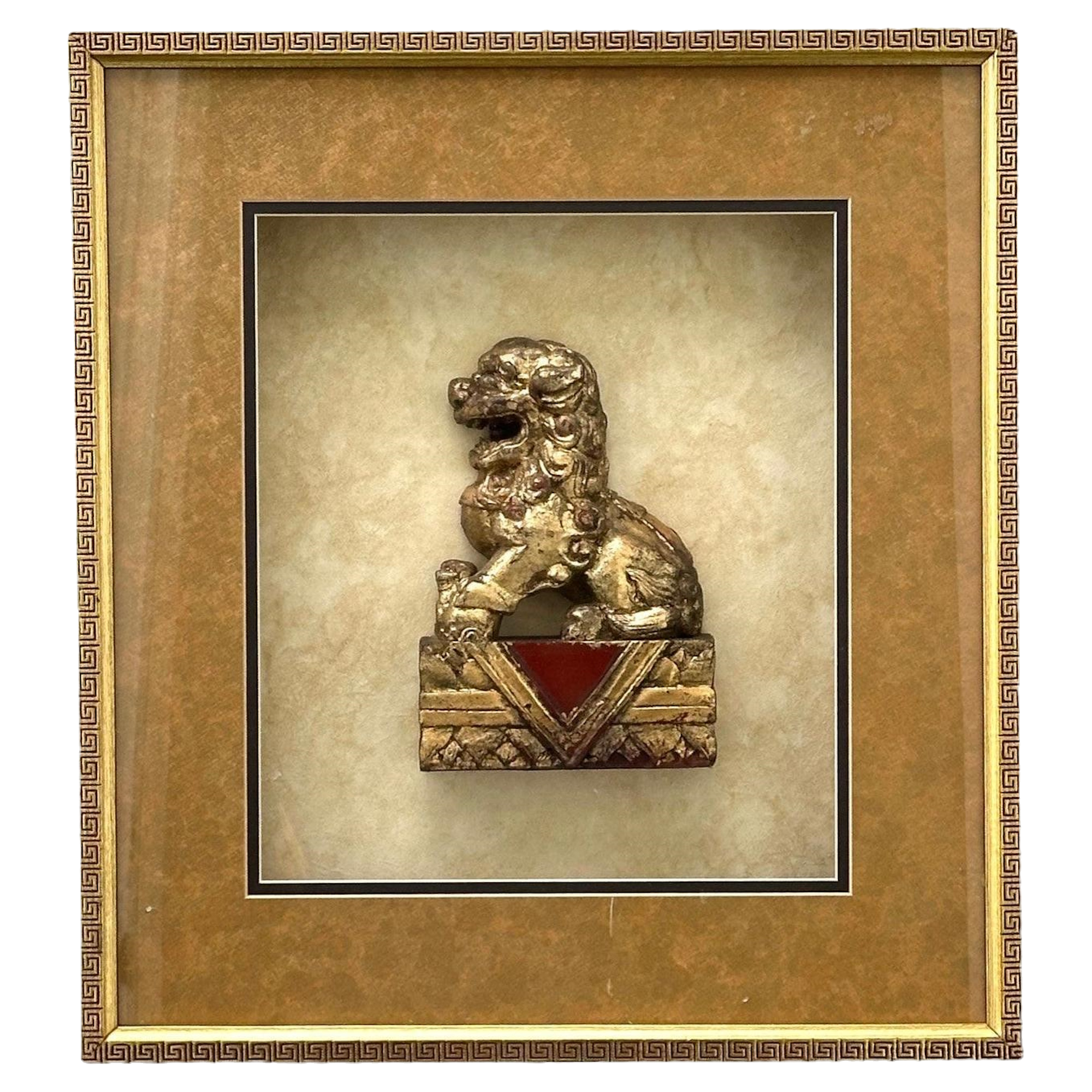 Antique Chinese Hand Carved Wood Gilt Foo Dog in Shadow Box. 24"