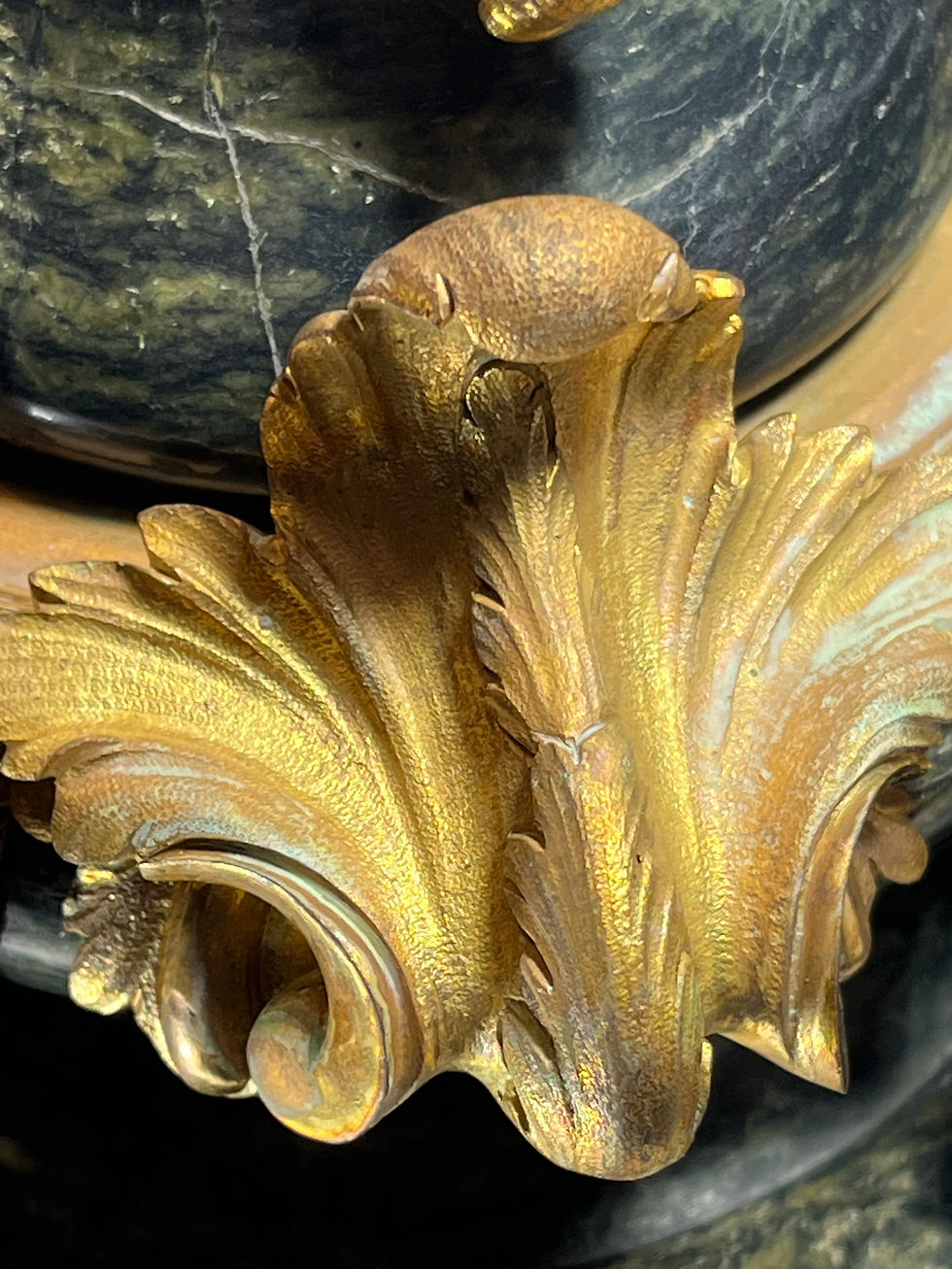 Thumbnail: Pair of French Louis XVI Style Ormolu Mounted Green Marble Lidded Urns. 21"