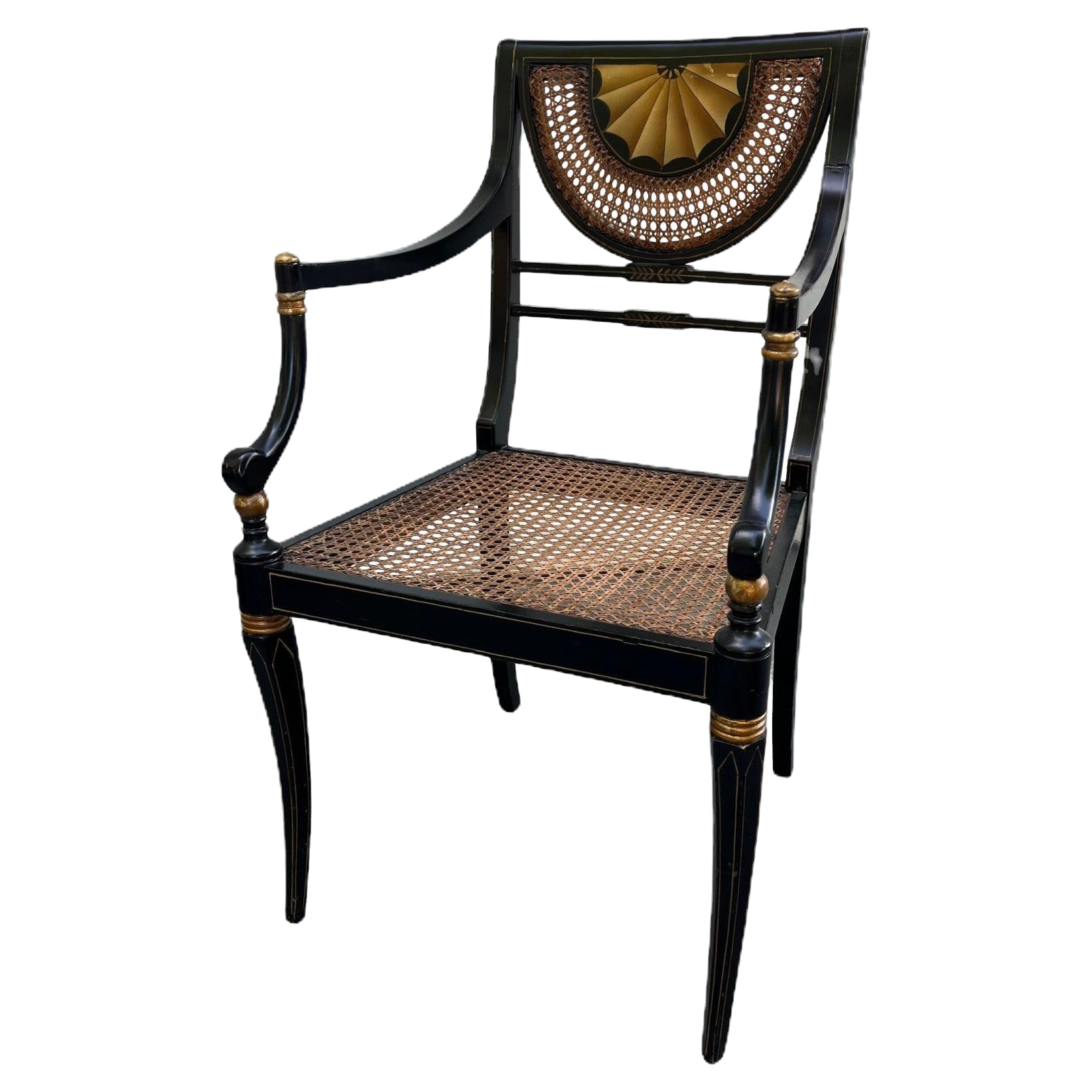 Vintage Regency Style Ebonized Armchair with Cane Seat