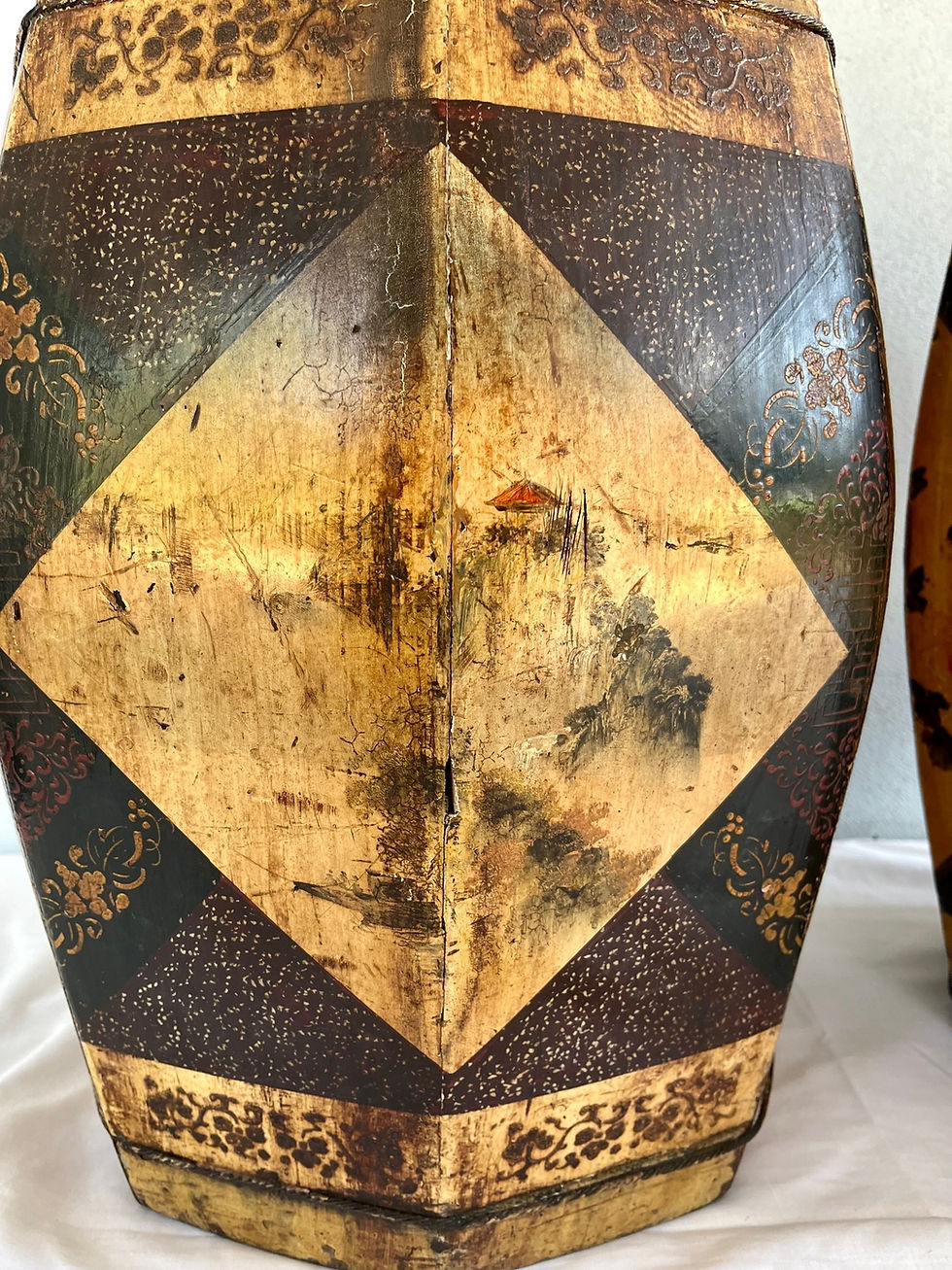 Thumbnail: Pair of Antique Chinese Wood Hand Painted Rice Barrels.