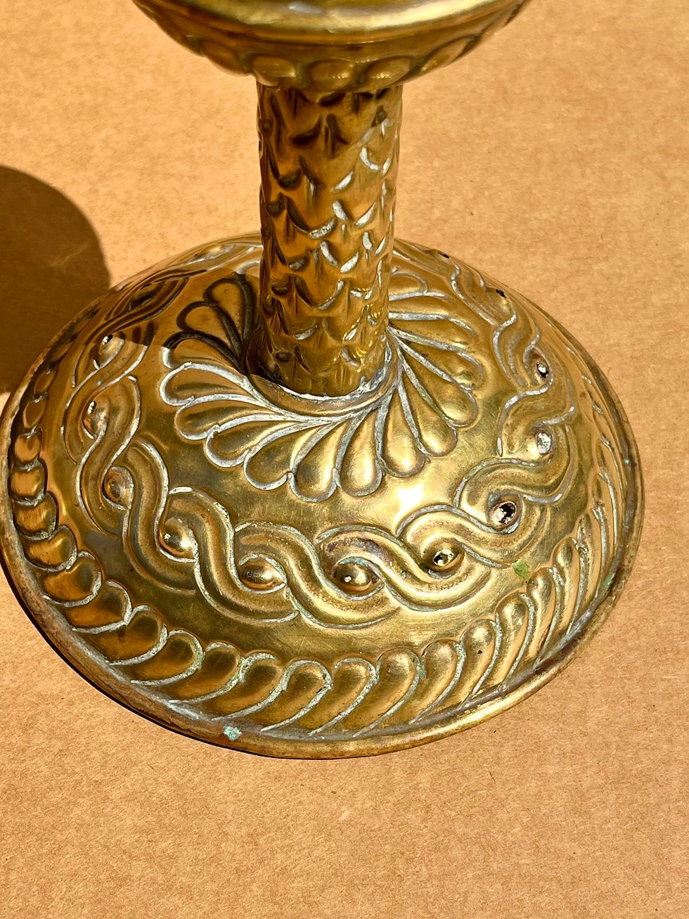 Thumbnail: Large Pair of English Renaissance Repousse Brass Candlesticks.