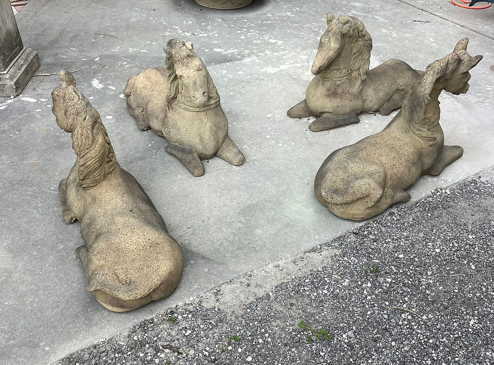 Thumbnail: Four Vintage Cast Stone Recumbent Horse Garden Statues.
