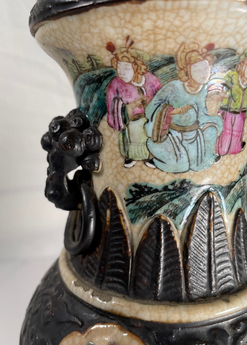 Thumbnail: Vintage Chinese Famille Rose Porcelain Crackle-Glaze Warrior Vase.