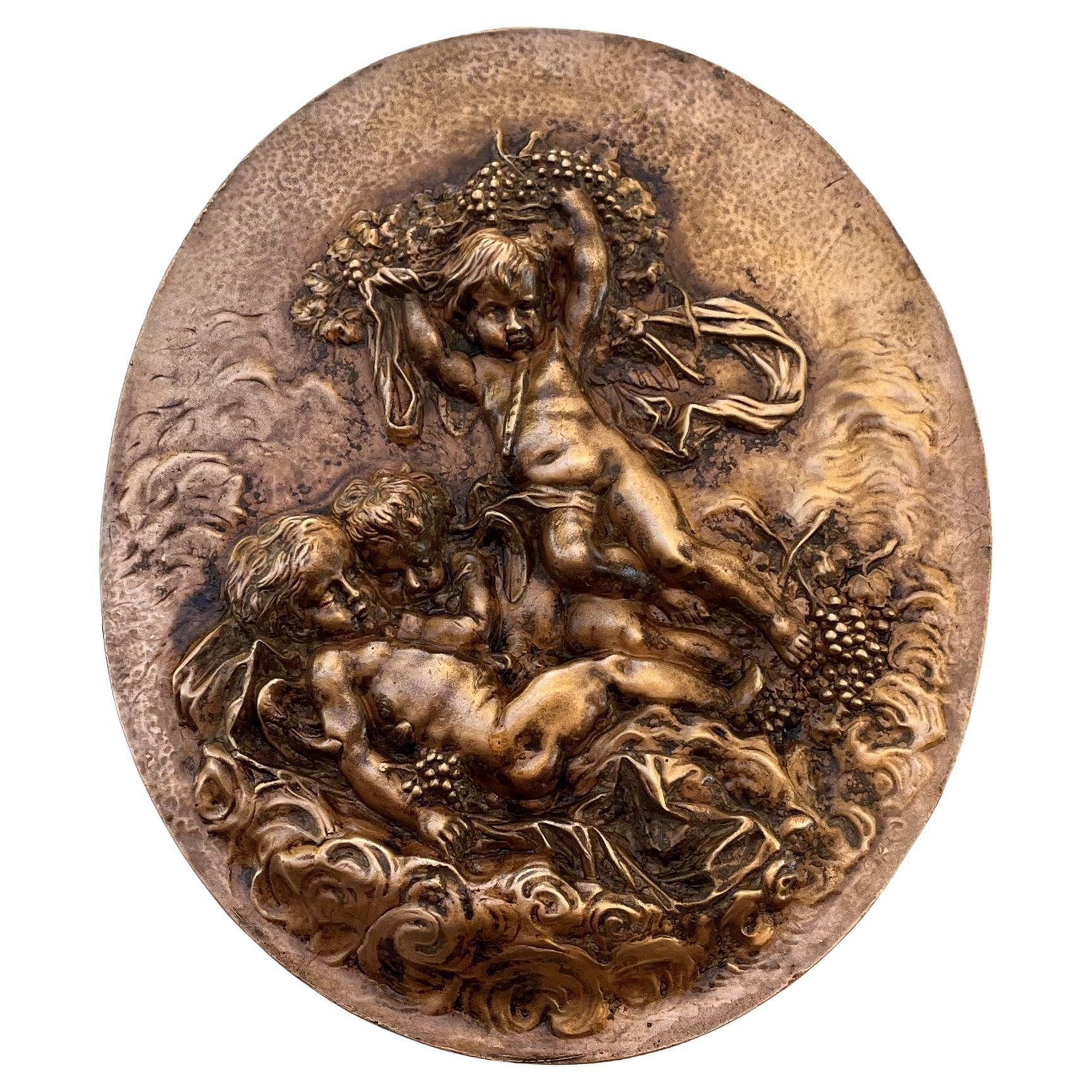 French 19th Century Heavy Bronze Relief Plaque of 3 Cherubs