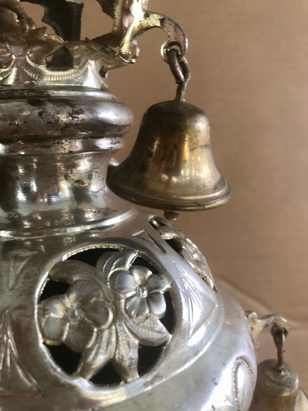 Thumbnail: Antique Original Pair of Silver-Plated Brass Torah Finials, Rimonim