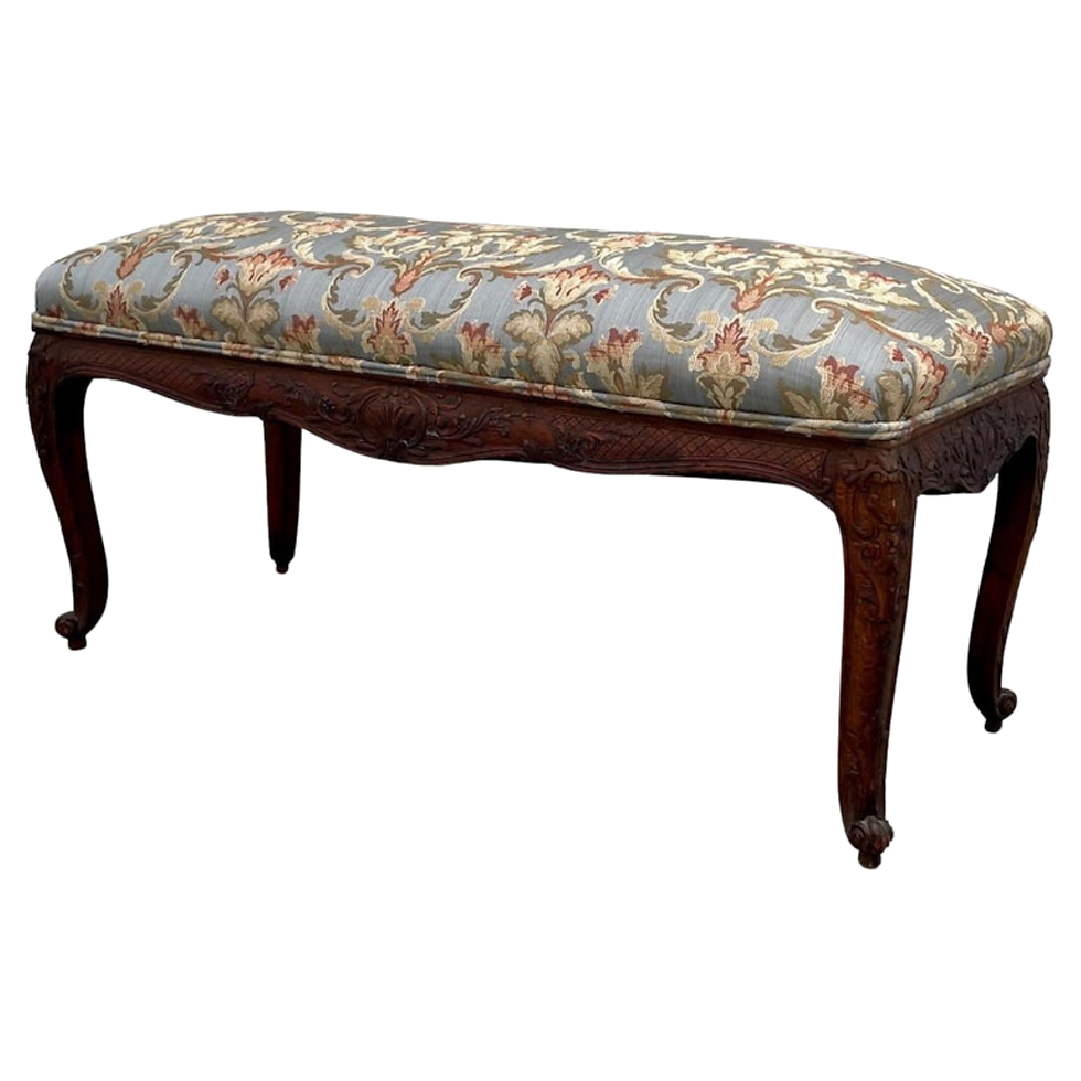 19th Century French Louis XV Style Carved Walnut Bench.