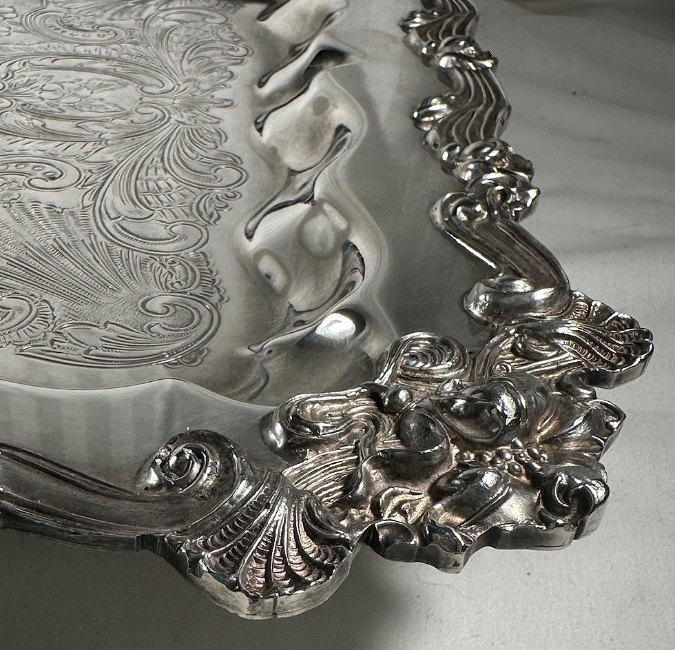 Thumbnail: 20th Century Ornate Square Footed Silver Plate Serving Tray.