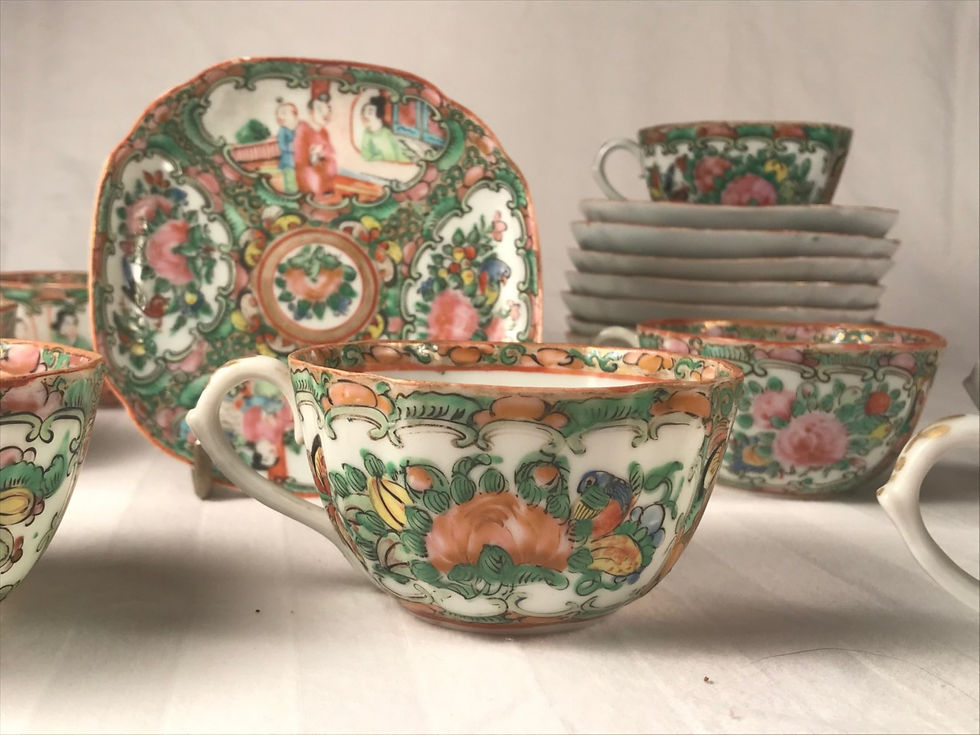 Thumbnail: SOLD -19th Century Rose Medallion Set of 9 Cups and Saucers