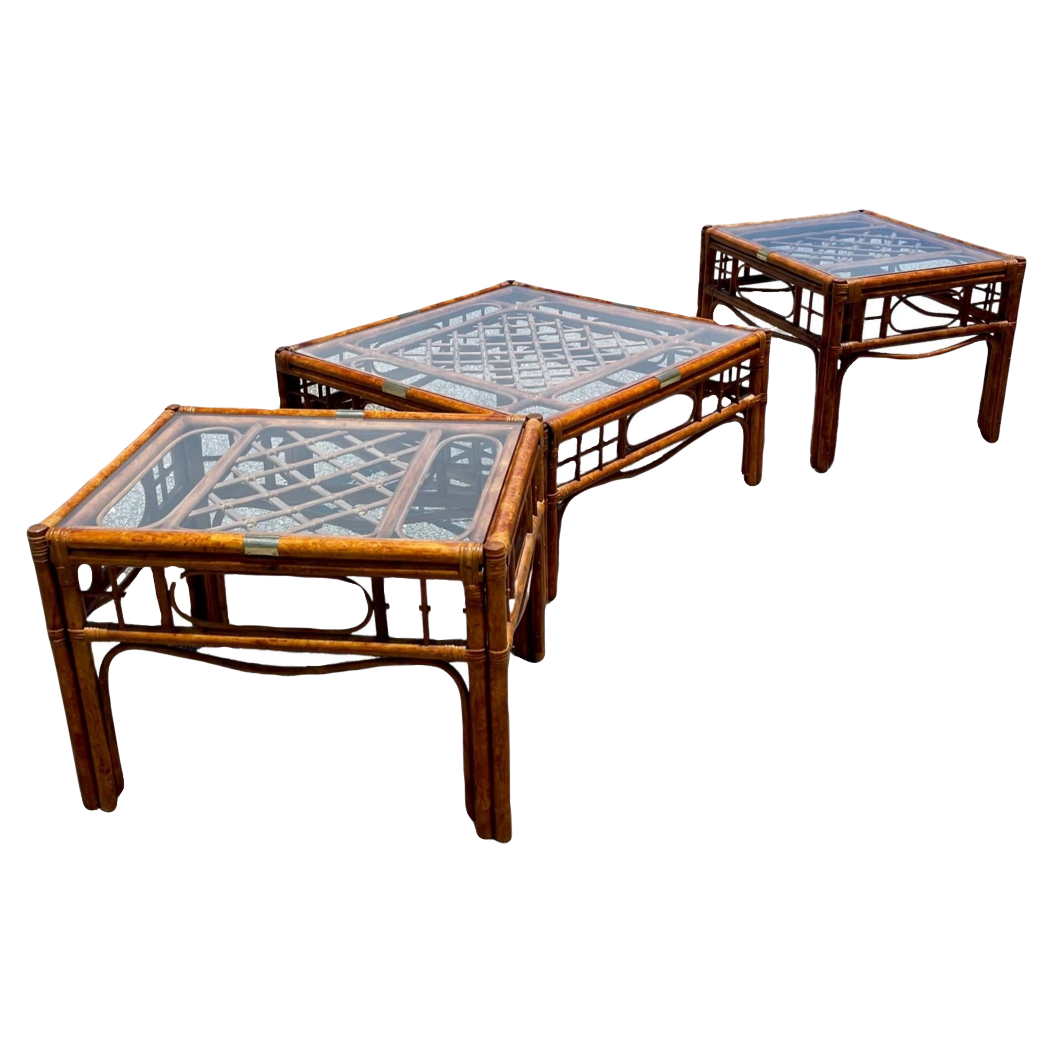 Franco Albini Style Bamboo Rattan Set of 3, Coffee and Side Tables