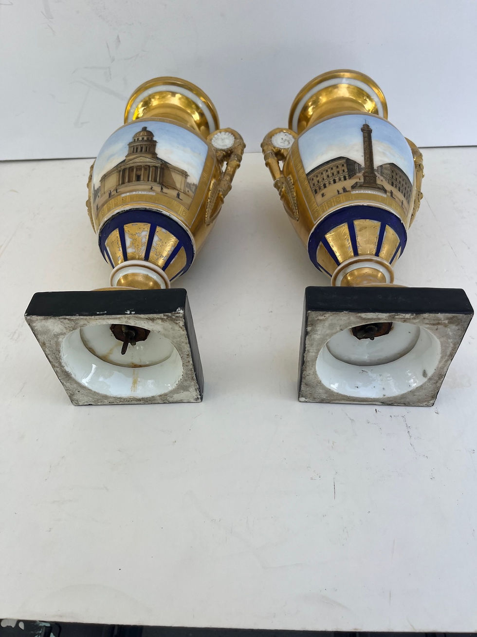 Thumbnail: Pair of Paris Two Handled Vases in Gold and Cobalt Blue.