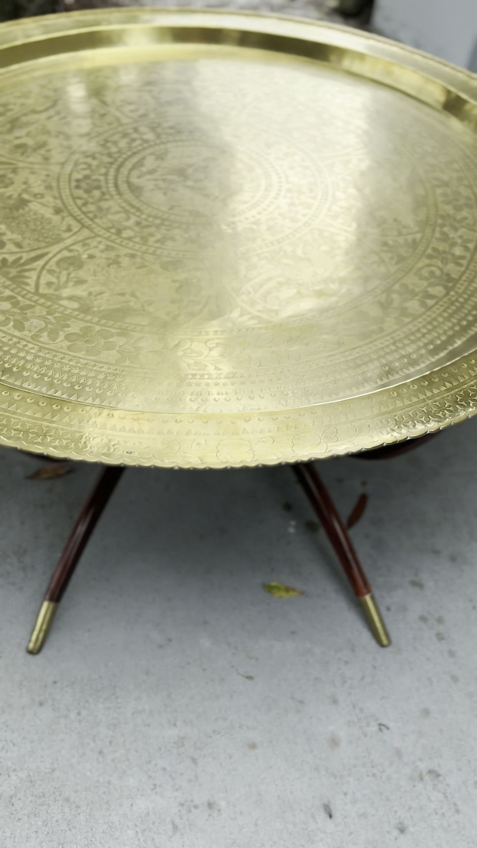 Thumbnail: Mid-Century Chinoiserie 45 inch Hand-Etched Brass Tray Coffee Table on Teak Spid