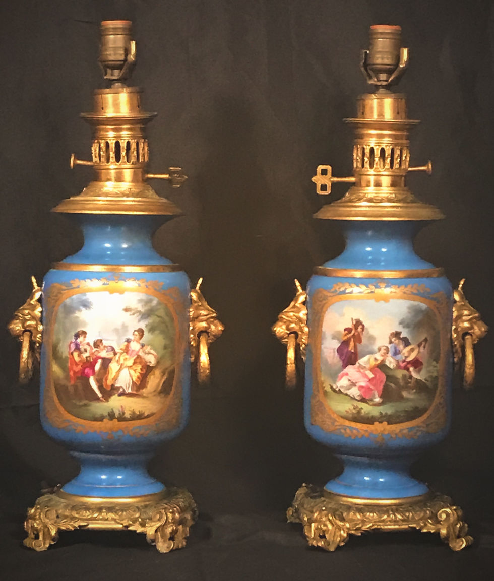 Thumbnail: SOLD -Pair of Louis XVI Style French Sevres Blue Porcelain Ormolu-mounted Lamps