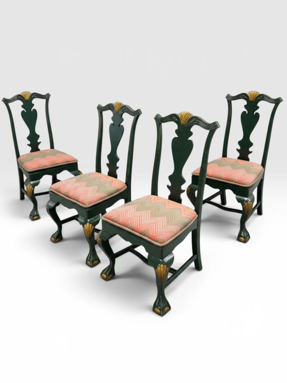 Thumbnail: Four 19th Century Queen Anne Style Dark Green Painted Side Chairs. 
